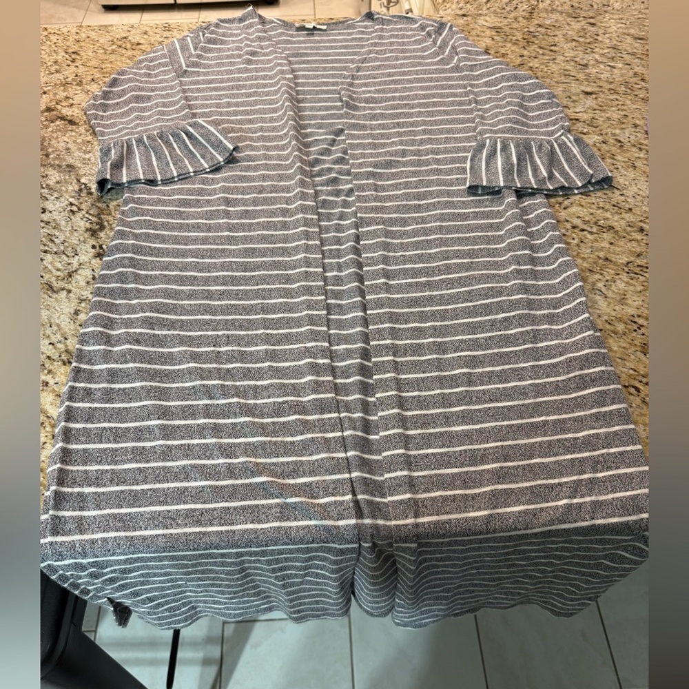 Umgee Boho Gray & White Stipe Long Open Front Duster Cardigan Coverup Kimono XL - Picture 3 of 9